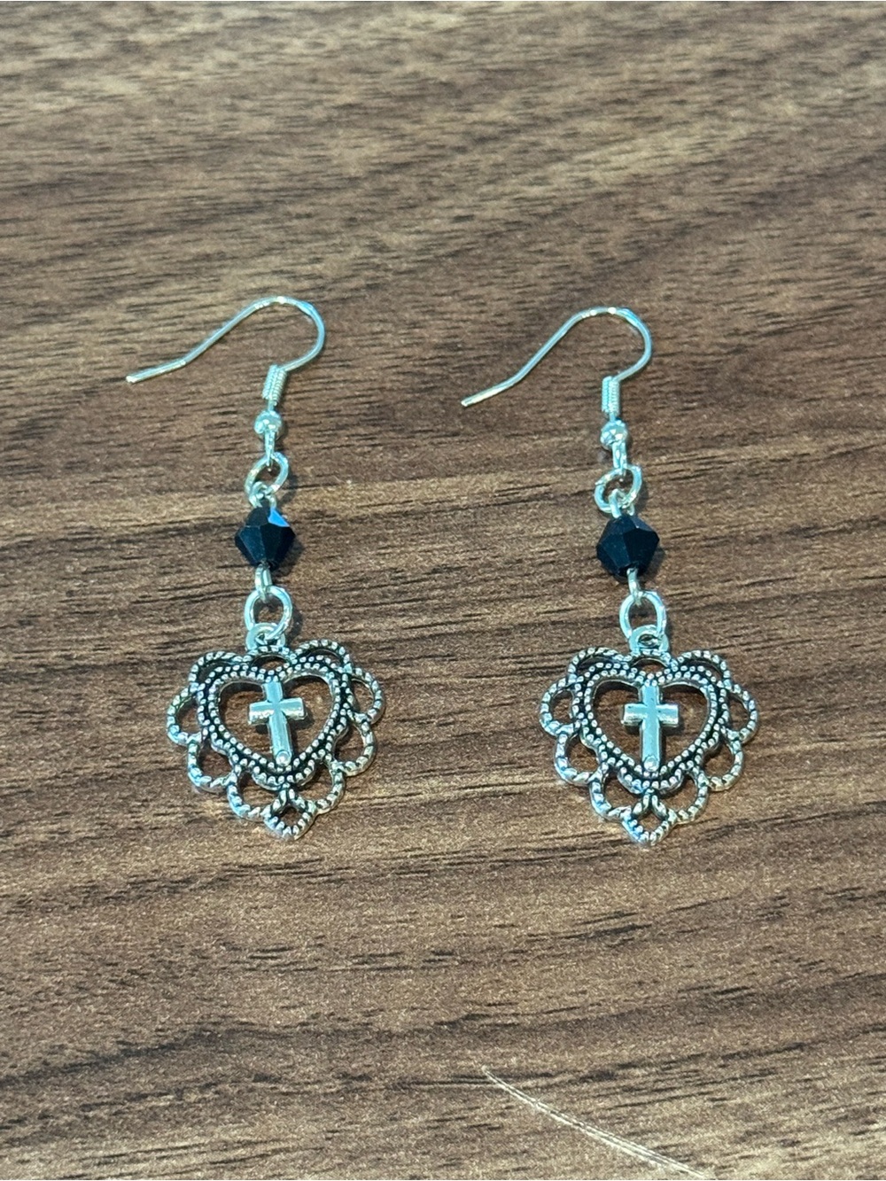 Hot Topic Silver Heart Cross Earrings with Black Bead Accents